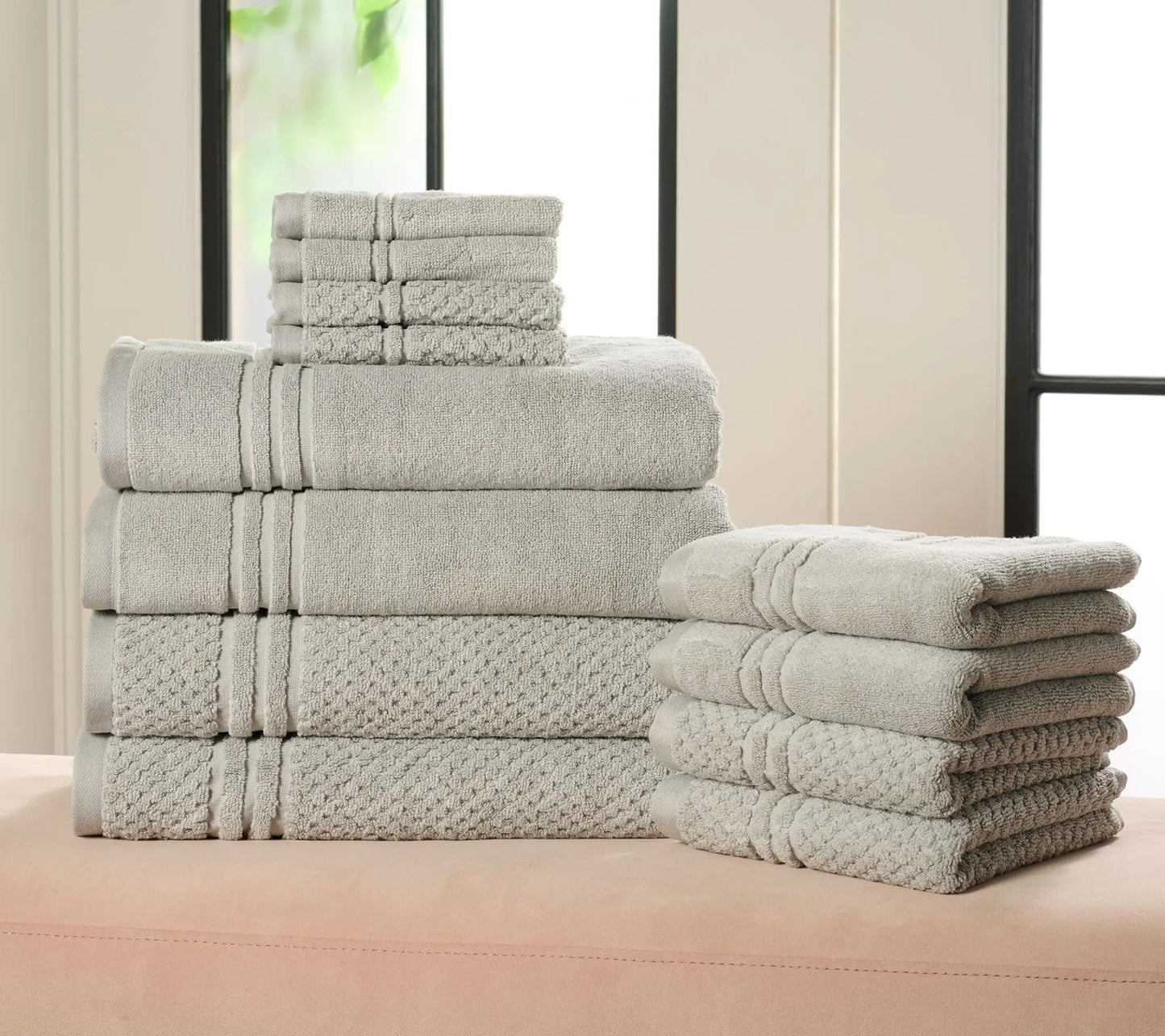 12-Piece 100% Cotton Bath Towel Set Solid and Textured Towels
