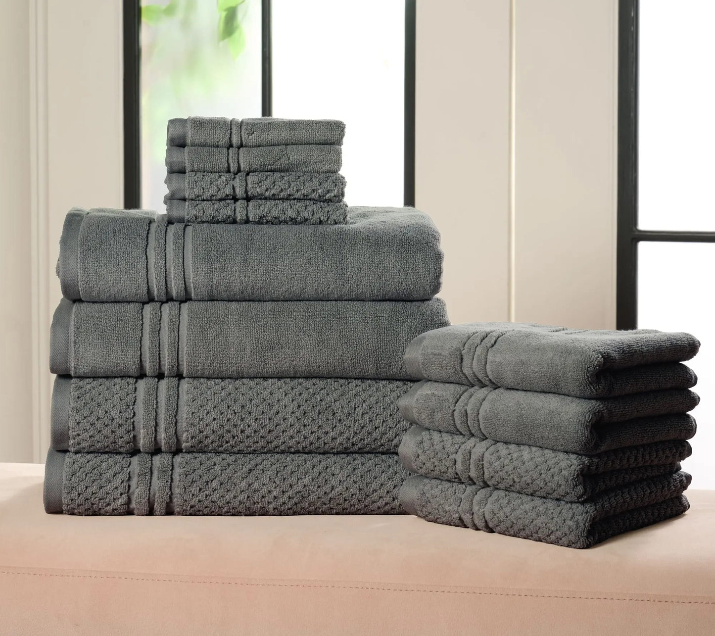 12-Piece 100% Cotton Bath Towel Set Solid and Textured Towels